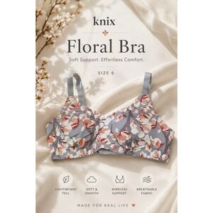 Knix Floral Bra Size 6 Wireless Supportive Lounge Bralette Grey Blossom Feminine